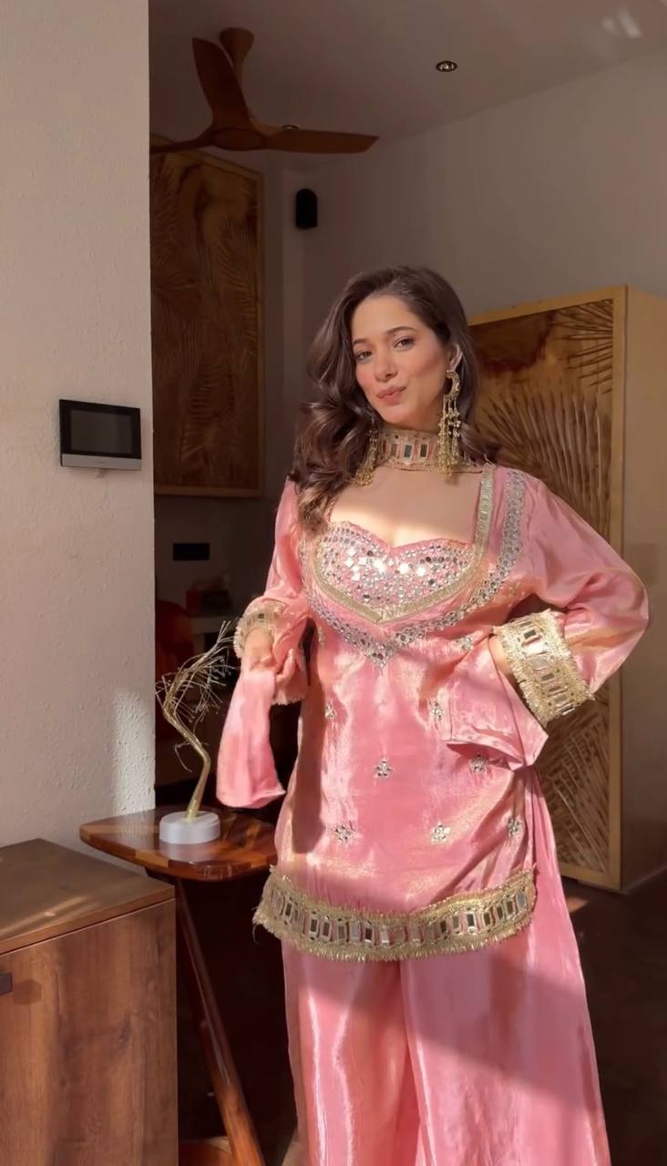 Mirror Work Fendy Silk Sharara Set with Full Flair & Designer Dupatta