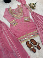 Mirror Work Fendy Silk Sharara Set with Full Flair & Designer Dupatta