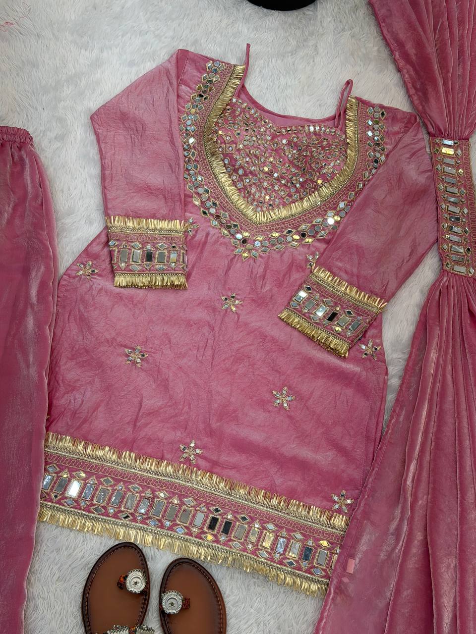 Mirror Work Fendy Silk Sharara Set with Full Flair & Designer Dupatta