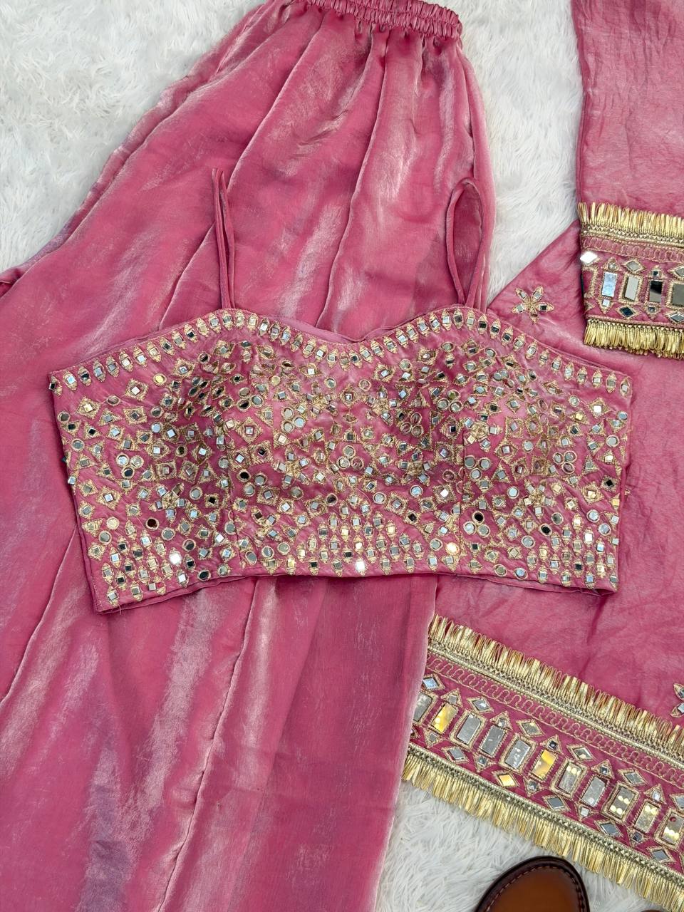 Mirror Work Fendy Silk Sharara Set with Full Flair & Designer Dupatta