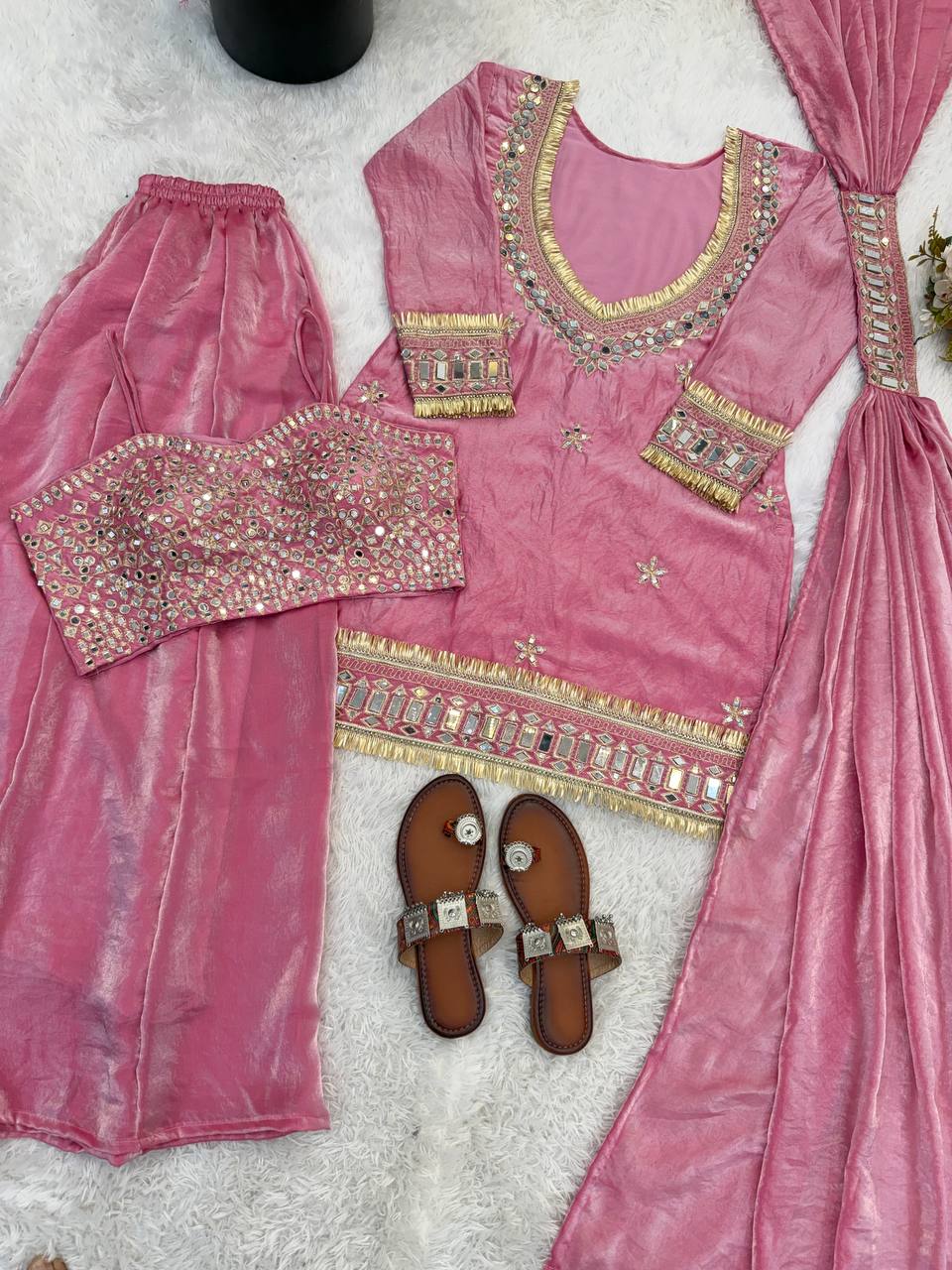 Mirror Work Fendy Silk Sharara Set with Full Flair & Designer Dupatta