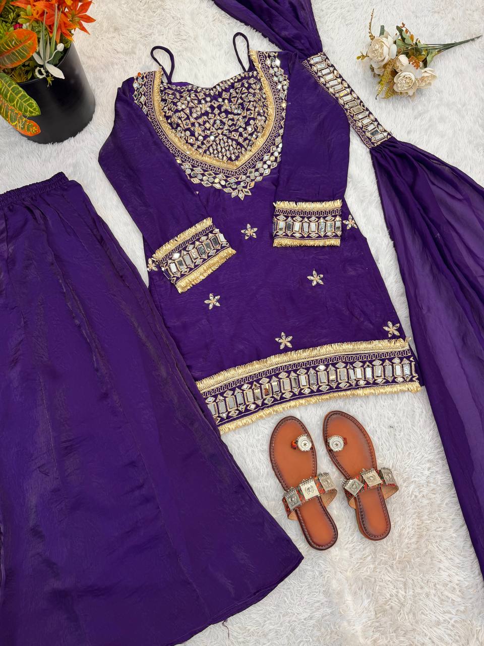 Mirror Work Fendy Silk Sharara Set with Full Flair & Designer Dupatta