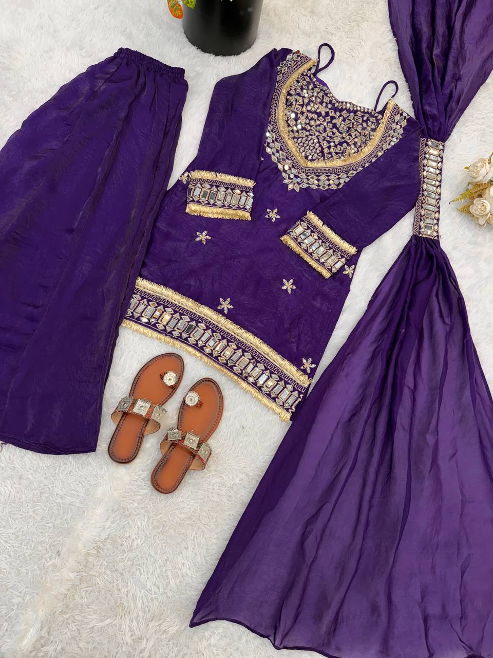 Mirror Work Fendy Silk Sharara Set with Full Flair & Designer Dupatta