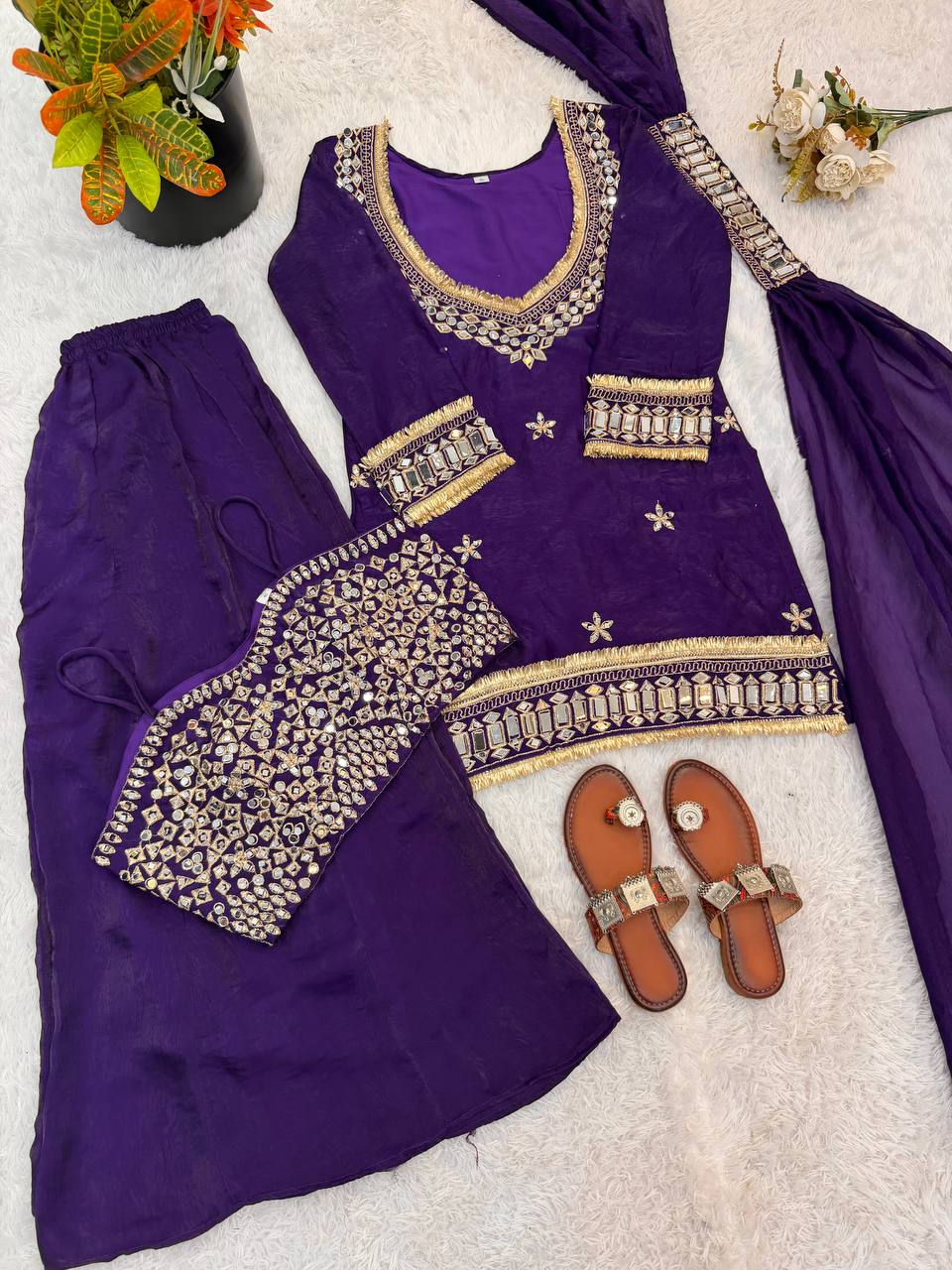 Mirror Work Fendy Silk Sharara Set with Full Flair & Designer Dupatta