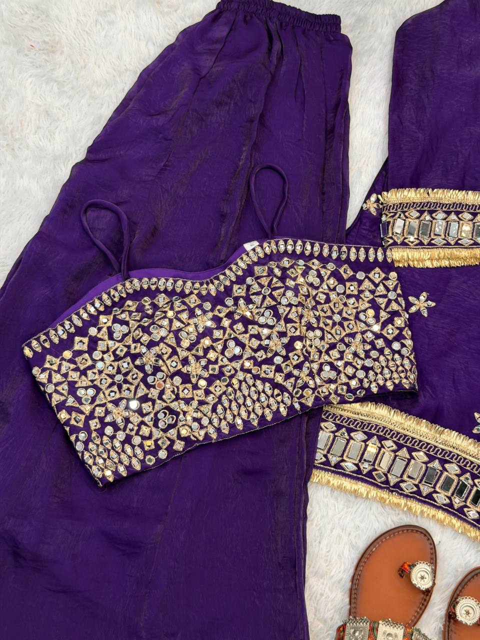 Mirror Work Fendy Silk Sharara Set with Full Flair & Designer Dupatta