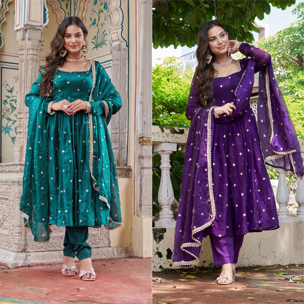 Royal Fendi Silk Anarkali Set with Embroidered Sequins & Fancy Lace Dupatta