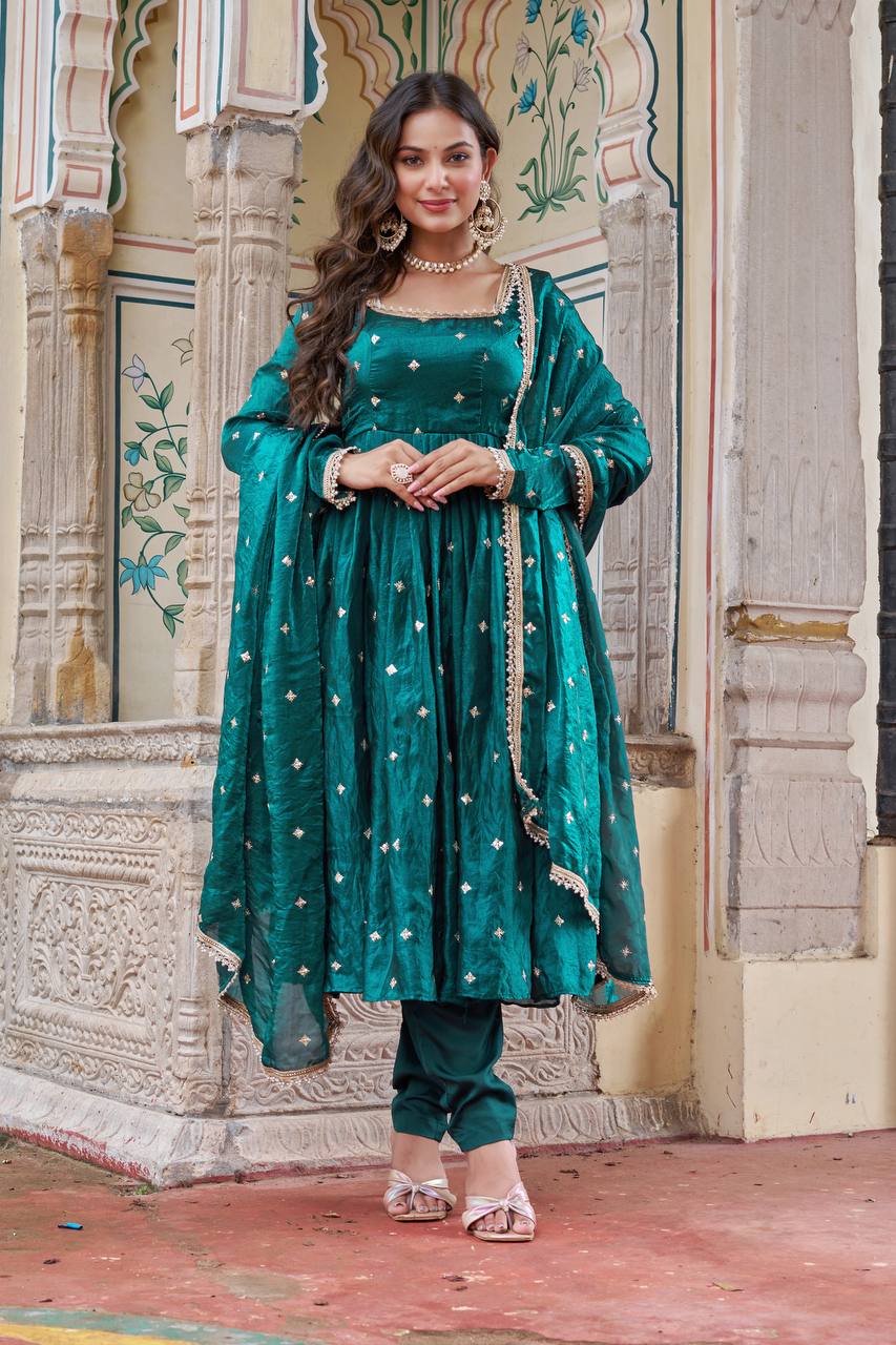Royal Fendi Silk Anarkali Set with Embroidered Sequins & Fancy Lace Dupatta
