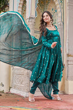 Royal Fendi Silk Anarkali Set with Embroidered Sequins & Fancy Lace Dupatta