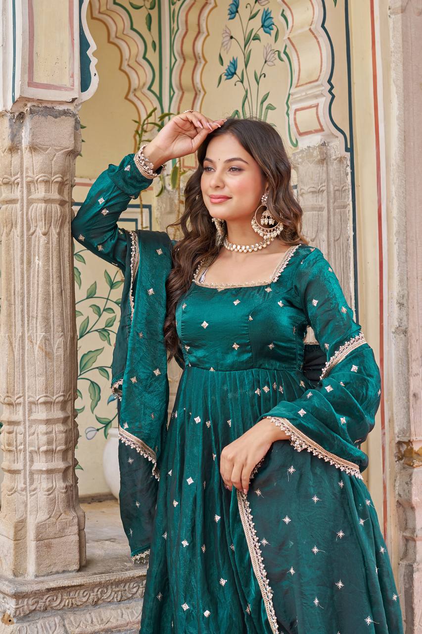 Royal Fendi Silk Anarkali Set with Embroidered Sequins & Fancy Lace Dupatta