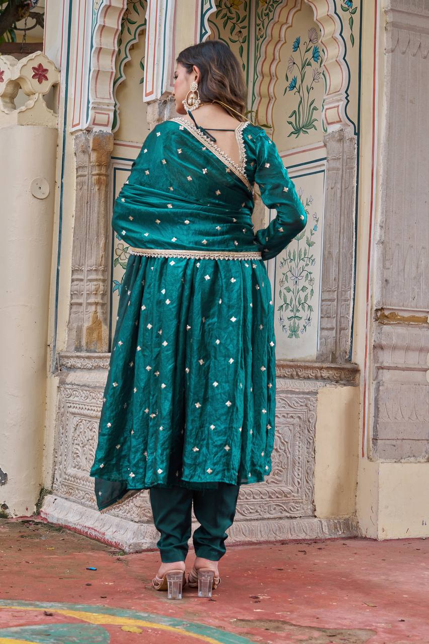 Royal Fendi Silk Anarkali Set with Embroidered Sequins & Fancy Lace Dupatta