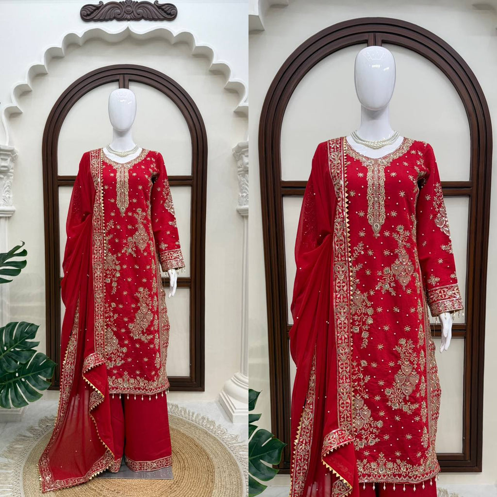 Ziyana Roman Silk Thread & Sequence Embroidered Kurti with Palazzo & Faux Georgette Dupatta Set