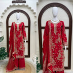 Ziyana Roman Silk Thread & Sequence Embroidered Kurti with Palazzo & Faux Georgette Dupatta Set