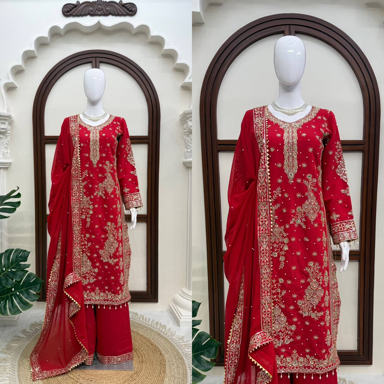 Ziyana Roman Silk Thread & Sequence Embroidered Kurti with Palazzo & Faux Georgette Dupatta Set