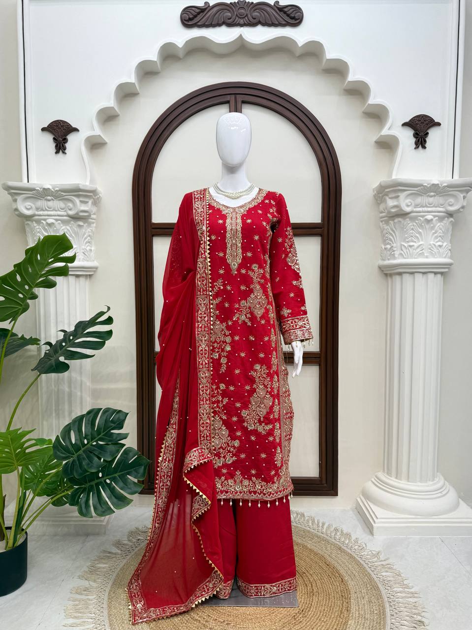 Ziyana Roman Silk Thread & Sequence Embroidered Kurti with Palazzo & Faux Georgette Dupatta Set