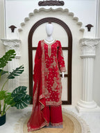 Ziyana Roman Silk Thread & Sequence Embroidered Kurti with Palazzo & Faux Georgette Dupatta Set