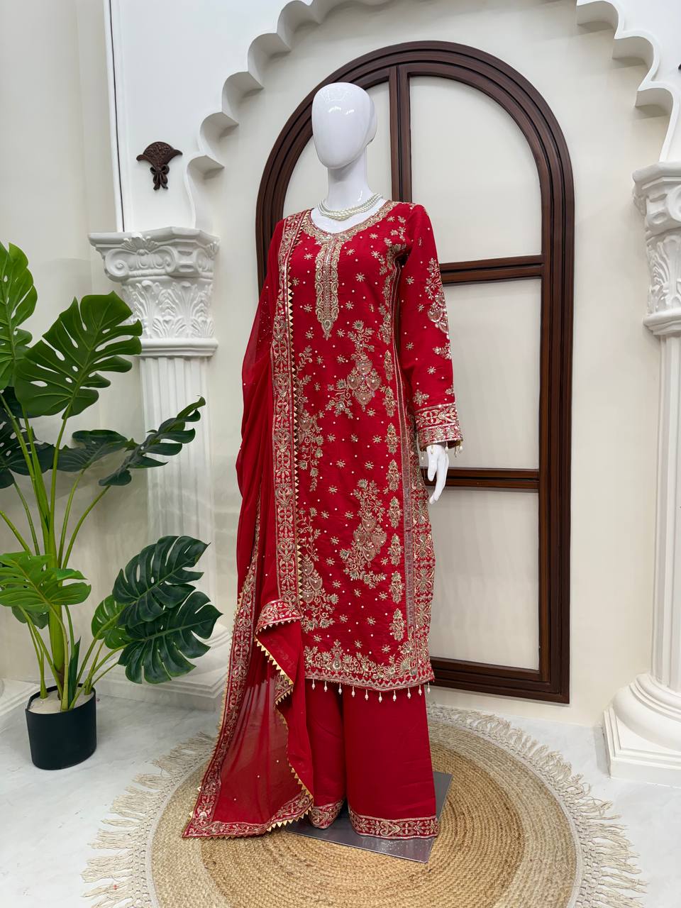Ziyana Roman Silk Thread & Sequence Embroidered Kurti with Palazzo & Faux Georgette Dupatta Set