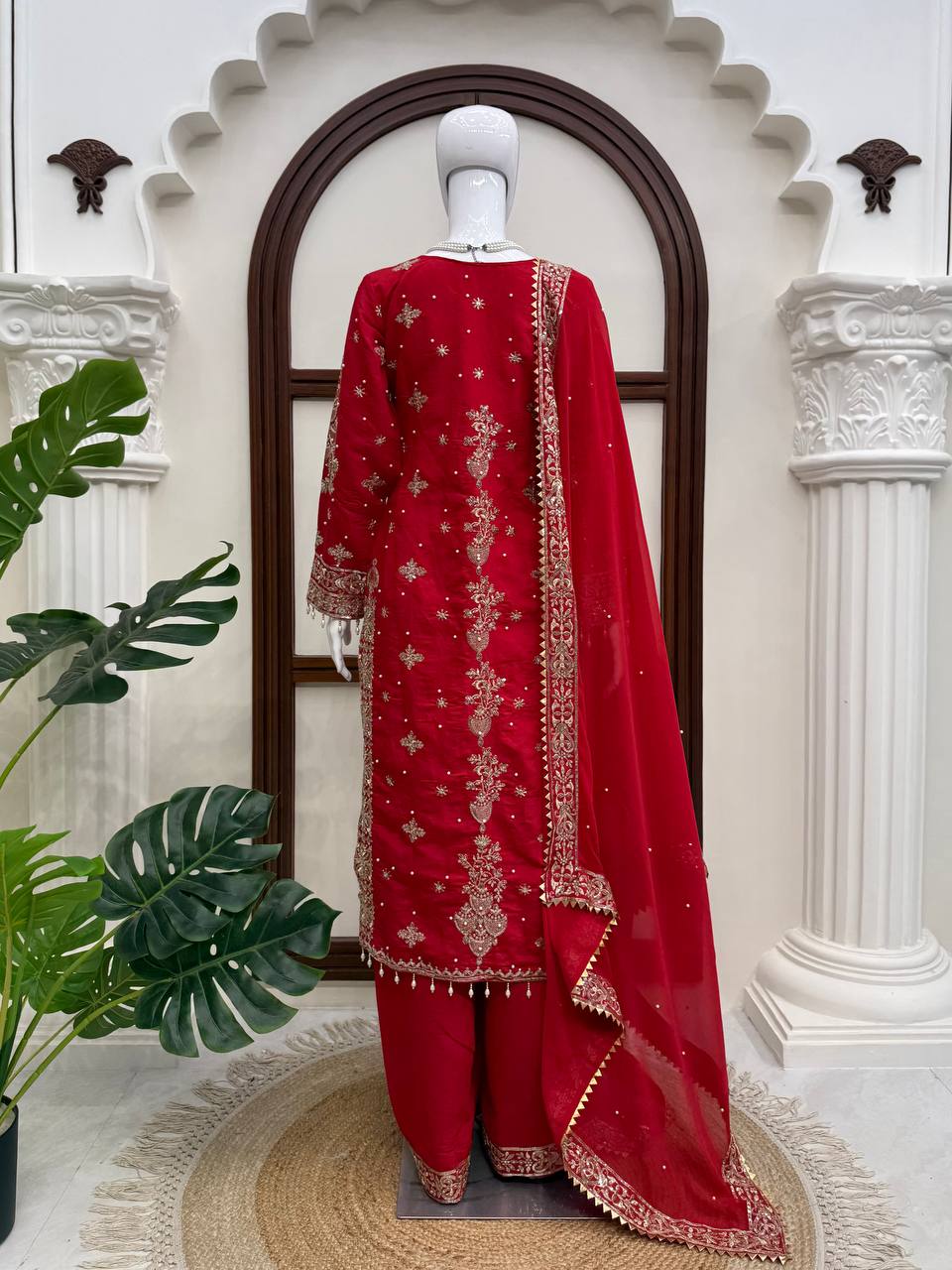 Ziyana Roman Silk Thread & Sequence Embroidered Kurti with Palazzo & Faux Georgette Dupatta Set