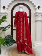 Ziyana Roman Silk Thread & Sequence Embroidered Kurti with Palazzo & Faux Georgette Dupatta Set