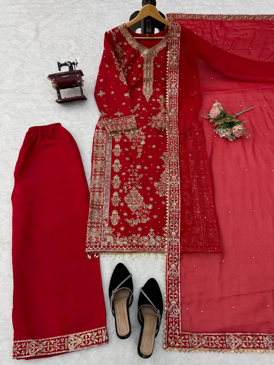 Ziyana Roman Silk Thread & Sequence Embroidered Kurti with Palazzo & Faux Georgette Dupatta Set