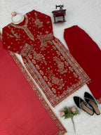 Ziyana Roman Silk Thread & Sequence Embroidered Kurti with Palazzo & Faux Georgette Dupatta Set