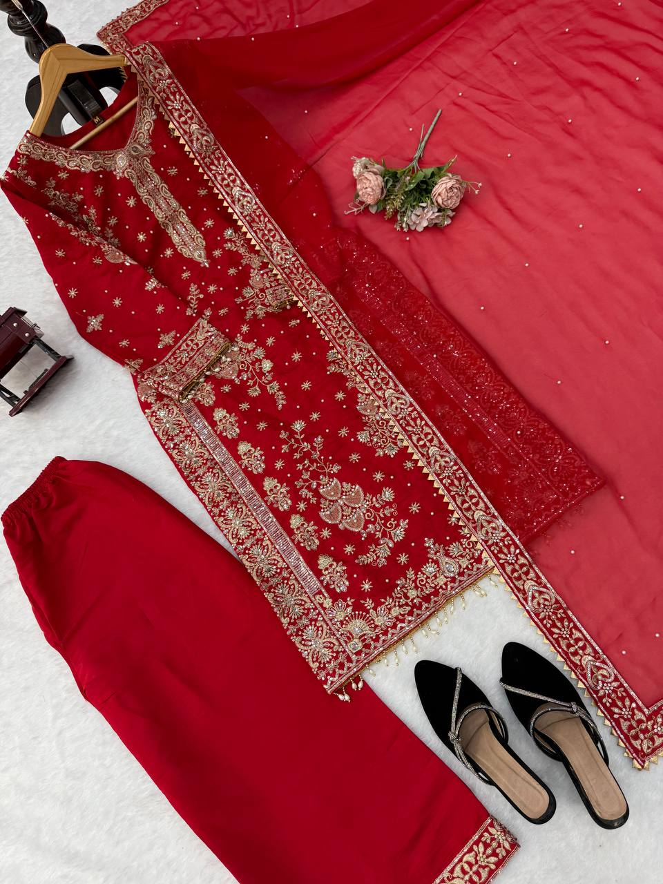 Ziyana Roman Silk Thread & Sequence Embroidered Kurti with Palazzo & Faux Georgette Dupatta Set