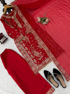 Ziyana Roman Silk Thread & Sequence Embroidered Kurti with Palazzo & Faux Georgette Dupatta Set