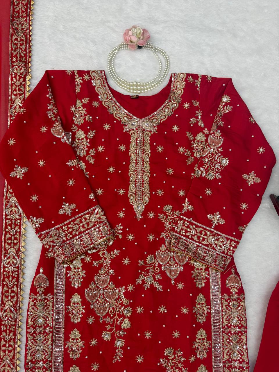 Ziyana Roman Silk Thread & Sequence Embroidered Kurti with Palazzo & Faux Georgette Dupatta Set