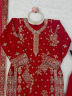 Ziyana Roman Silk Thread & Sequence Embroidered Kurti with Palazzo & Faux Georgette Dupatta Set