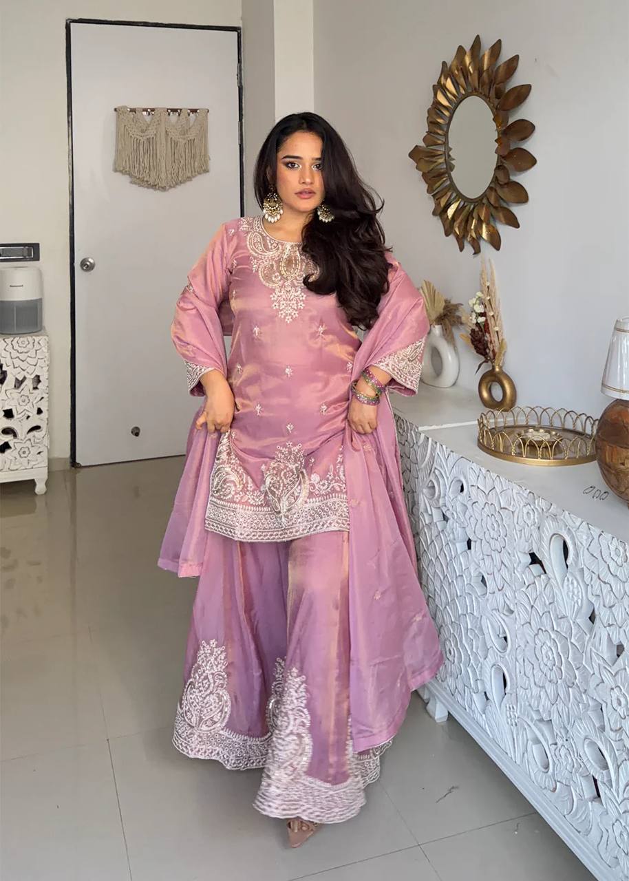 Meherza Luxe Designer Heavy Fendy Silk Embroidered Kurta Palazzo Ensemble