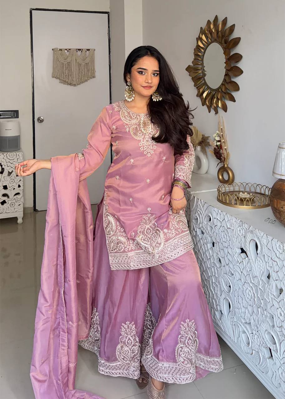 Meherza Luxe Designer Heavy Fendy Silk Embroidered Kurta Palazzo Ensemble