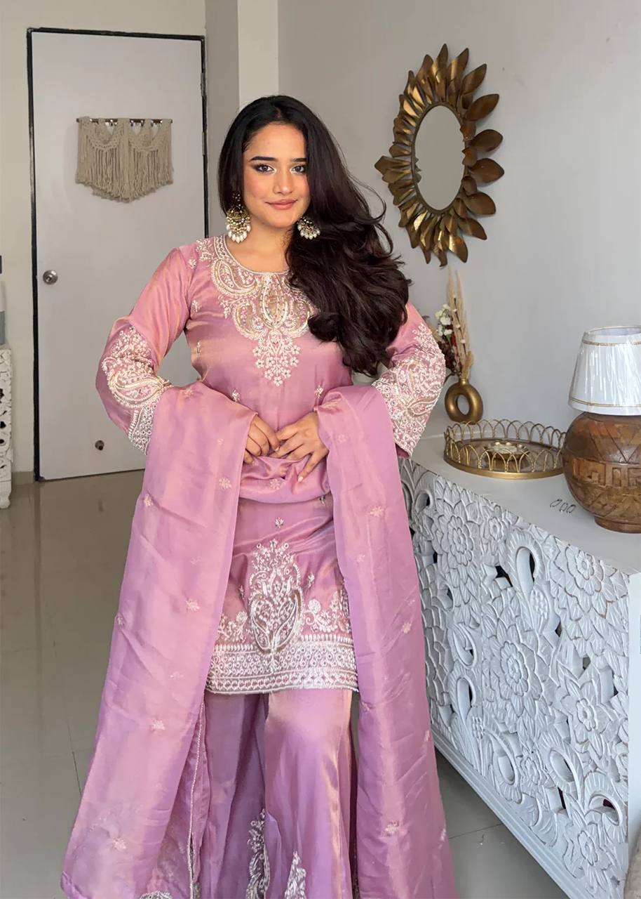Meherza Luxe Designer Heavy Fendy Silk Embroidered Kurta Palazzo Ensemble