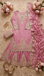 Meherza Luxe Designer Heavy Fendy Silk Embroidered Kurta Palazzo Ensemble