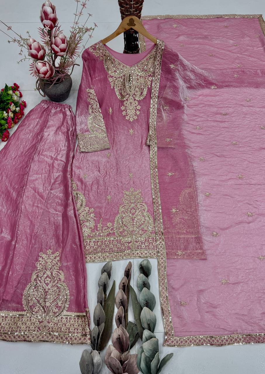Meherza Luxe Designer Heavy Fendy Silk Embroidered Kurta Palazzo Ensemble