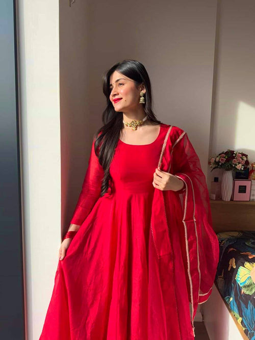 Aarunya Grace Premium Tibby Silk Flared Anarkali Suit Set with Pant & Designer Lace Dupatta