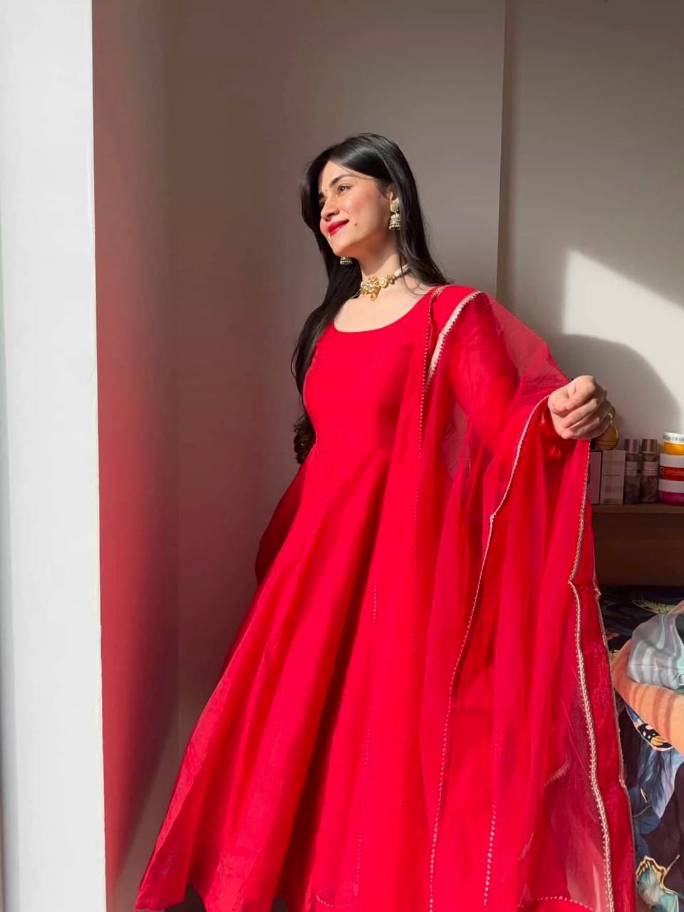 Aarunya Grace Premium Tibby Silk Flared Anarkali Suit Set with Pant & Designer Lace Dupatta