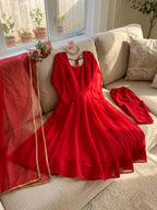 Aarunya Grace Premium Tibby Silk Flared Anarkali Suit Set with Pant & Designer Lace Dupatta