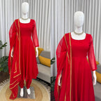 Aarunya Grace Premium Tibby Silk Flared Anarkali Suit Set with Pant & Designer Lace Dupatta