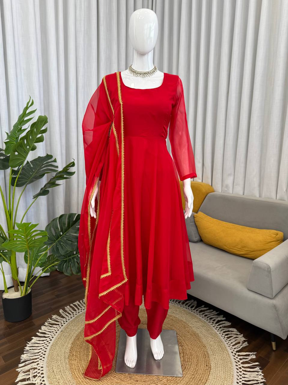 Aarunya Grace Premium Tibby Silk Flared Anarkali Suit Set with Pant & Designer Lace Dupatta