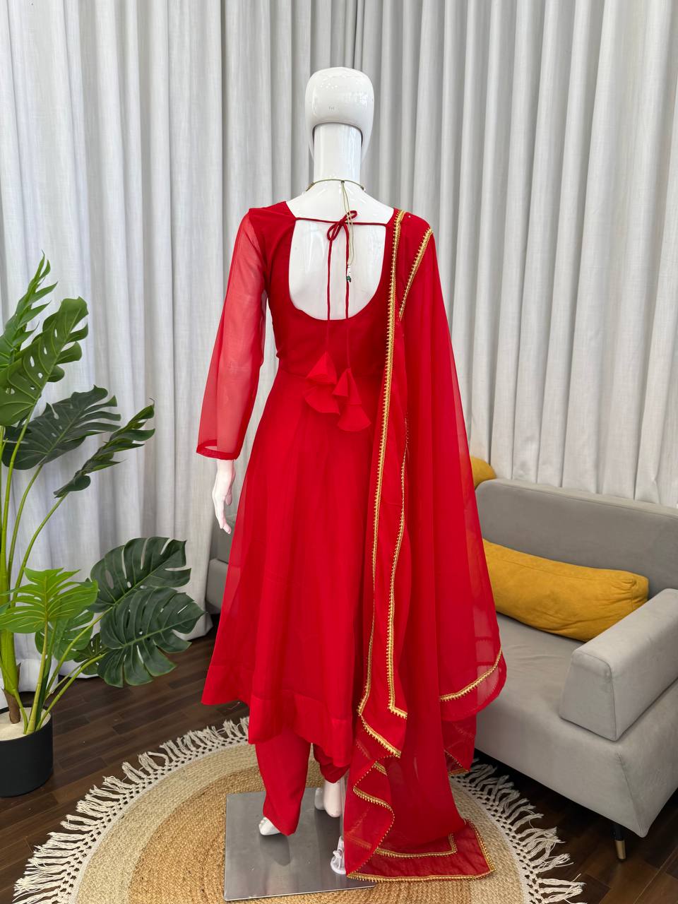 Aarunya Grace Premium Tibby Silk Flared Anarkali Suit Set with Pant & Designer Lace Dupatta
