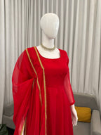 Aarunya Grace Premium Tibby Silk Flared Anarkali Suit Set with Pant & Designer Lace Dupatta