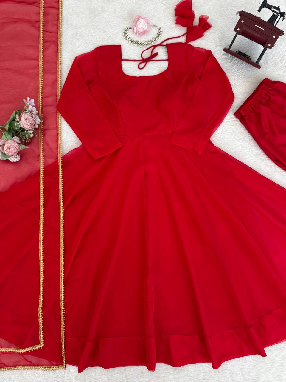 Aarunya Grace Premium Tibby Silk Flared Anarkali Suit Set with Pant & Designer Lace Dupatta
