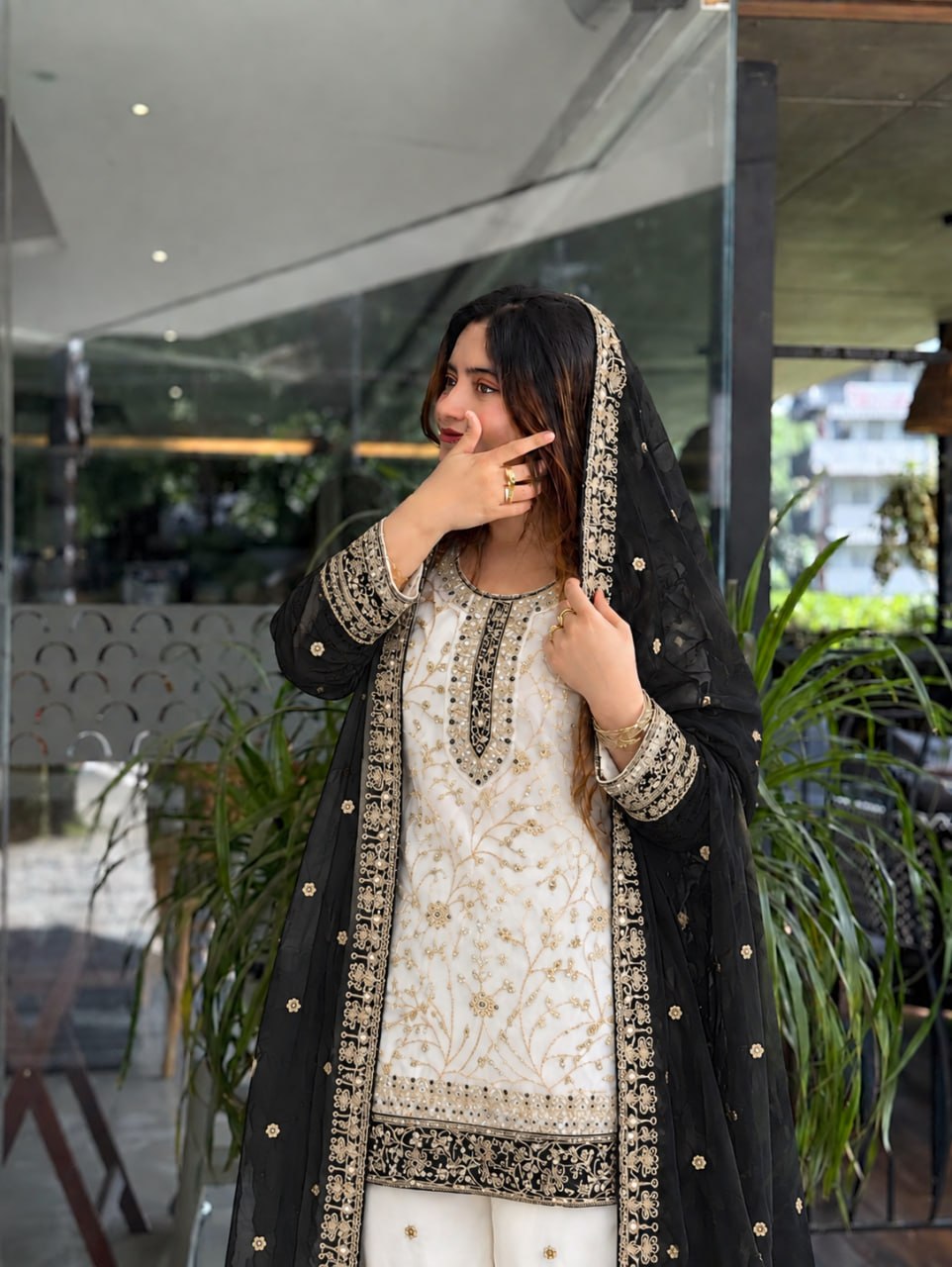 Zareen Heavy Faux Georgette Sequin Embroidered Palazzo Suit Set with Matching Dupatta