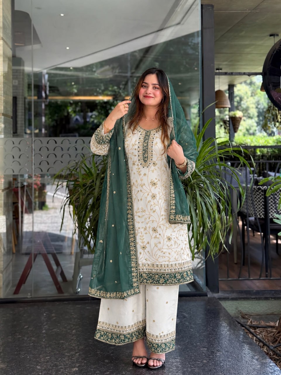 Zareen Heavy Faux Georgette Sequin Embroidered Palazzo Suit Set with Matching Dupatta