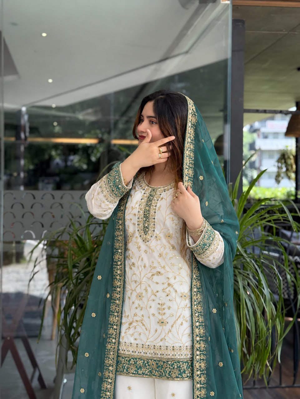 Zareen Heavy Faux Georgette Sequin Embroidered Palazzo Suit Set with Matching Dupatta