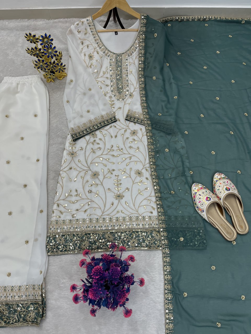 Zareen Heavy Faux Georgette Sequin Embroidered Palazzo Suit Set with Matching Dupatta