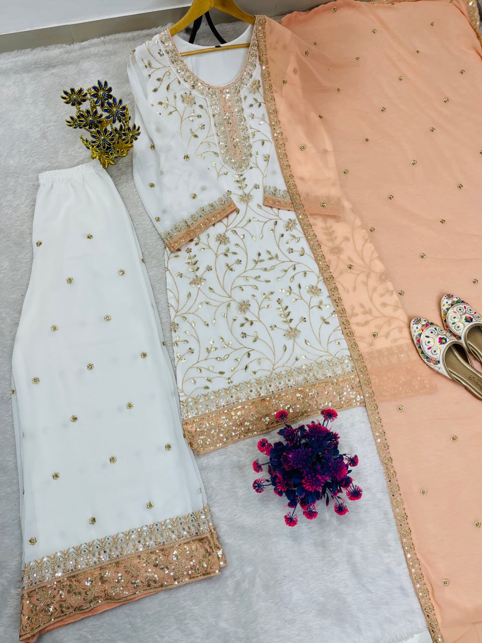 Zareen Heavy Faux Georgette Sequin Embroidered Palazzo Suit Set with Matching Dupatta