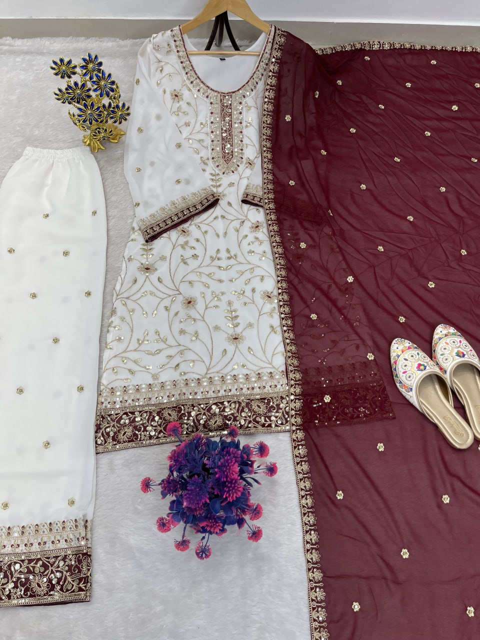 Zareen Heavy Faux Georgette Sequin Embroidered Palazzo Suit Set with Matching Dupatta