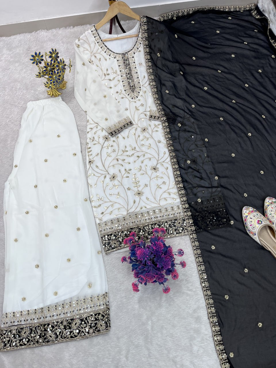 Zareen Heavy Faux Georgette Sequin Embroidered Palazzo Suit Set with Matching Dupatta