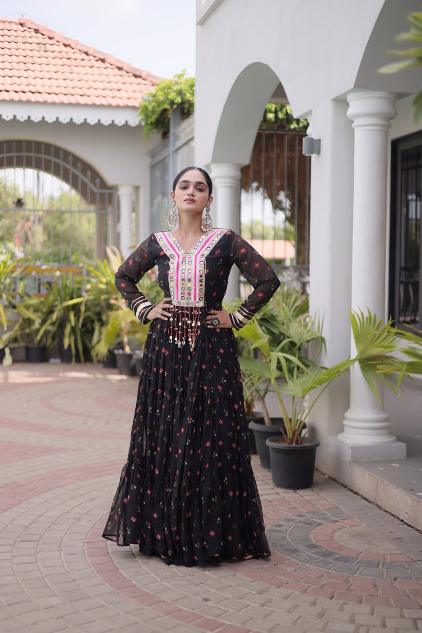 Kavisha Laheriya Print Faux Georgette Gown with Kutchi Patchwork
