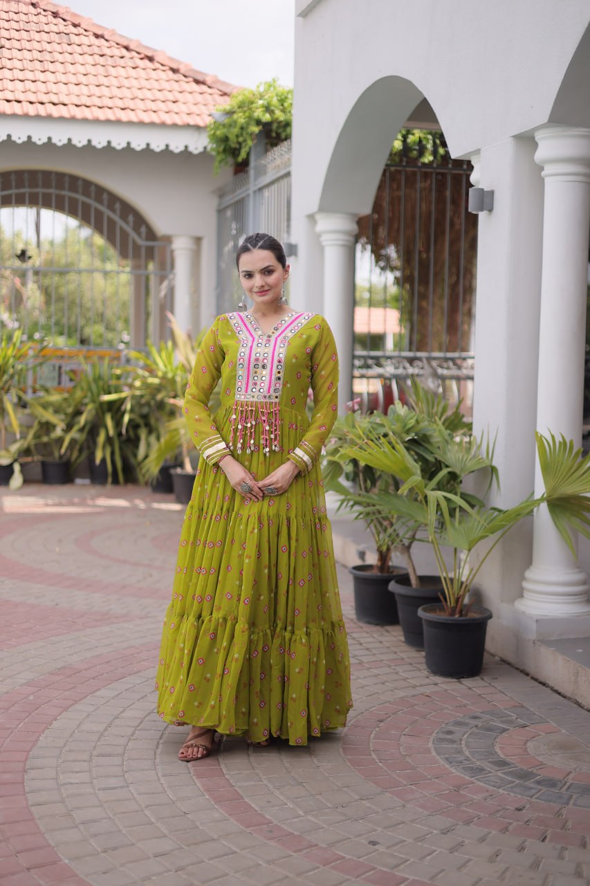 Kavisha Laheriya Print Faux Georgette Gown with Kutchi Patchwork